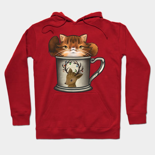 Fluffy Orange Tabby in a Reindeer Holiday Mug for Christmas Hoodie by SamInJapan